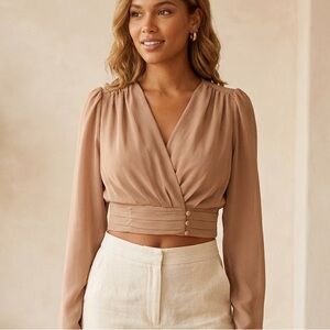 HYFVE Cropped V-Neck Long Sleeve Surplice/Wrap Top Pleated Waistband Size S